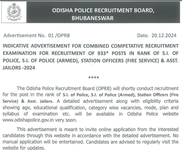 Odisha Police SI Recruitment 2024 Short Notice