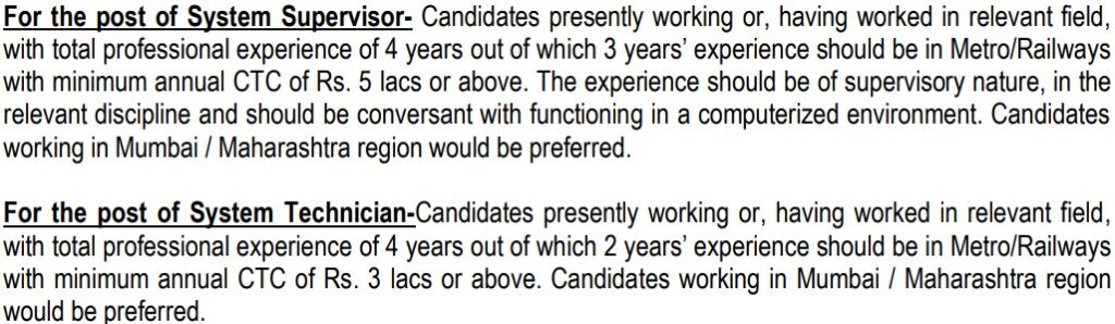 DMRC Recruitment 2025 Work Experience