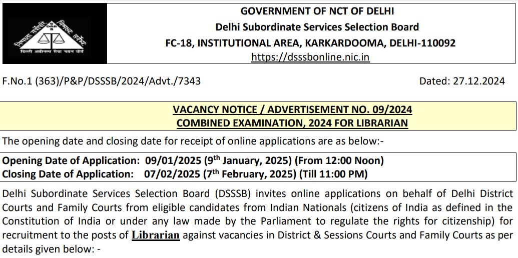 DSSSB Librarian Vacancy 2025