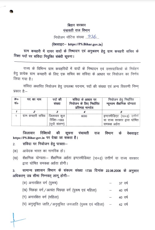 Bihar Gram Kachahari Sachiv Vacancy