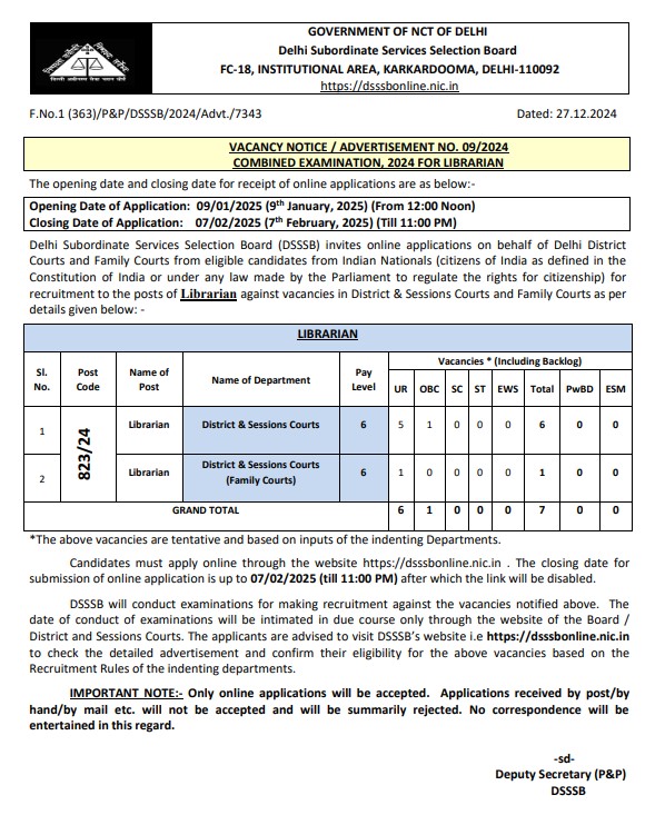 DSSSB Librarian Recruitment 2025