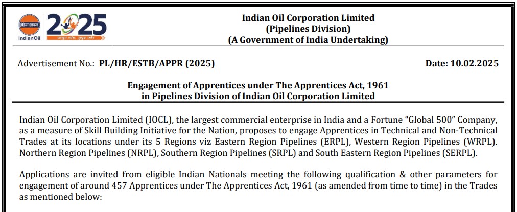 IOCL Pipeline Division Recruitment 2025 Notification