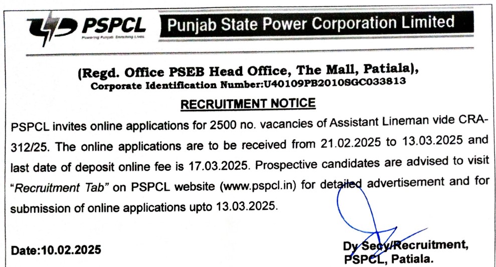 PSPCL Assistant Lineman Recruitment 2025 Notification