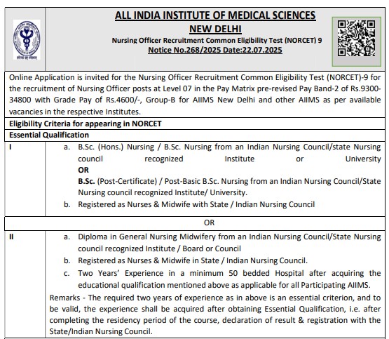 AIIMS NORCET 9th Recruitment 2025