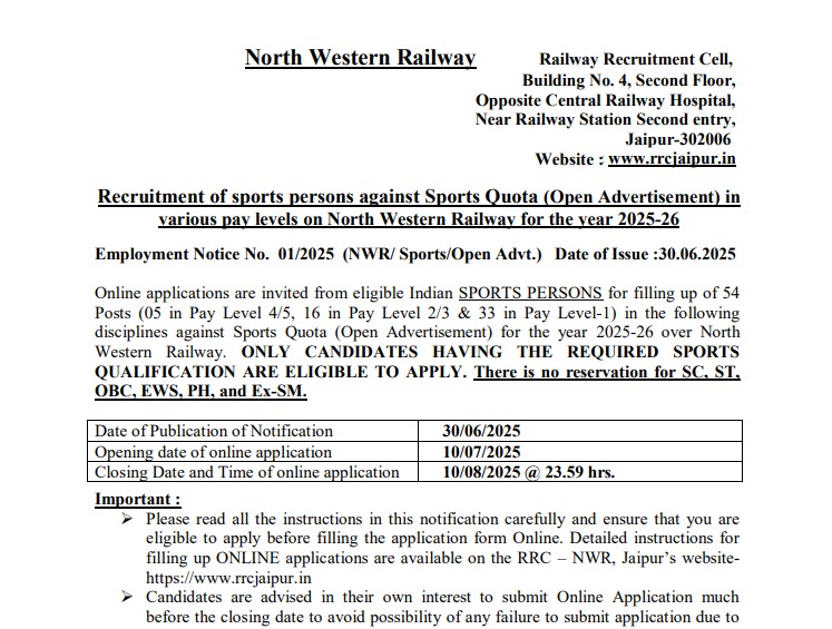 RRC NWR Sports Quota Recruitment 2025