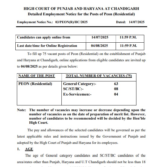 Chandigarh High Court Peon Recruitment 2025