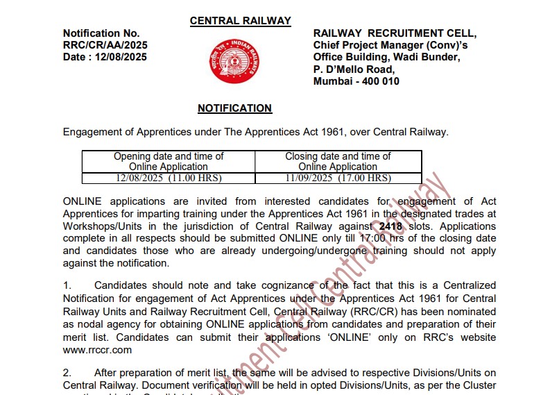 RRC CR Apprentice Recruitment 2025