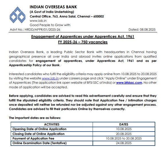 IOB Indian Overseas Bank Apprentice Recruitment 2025